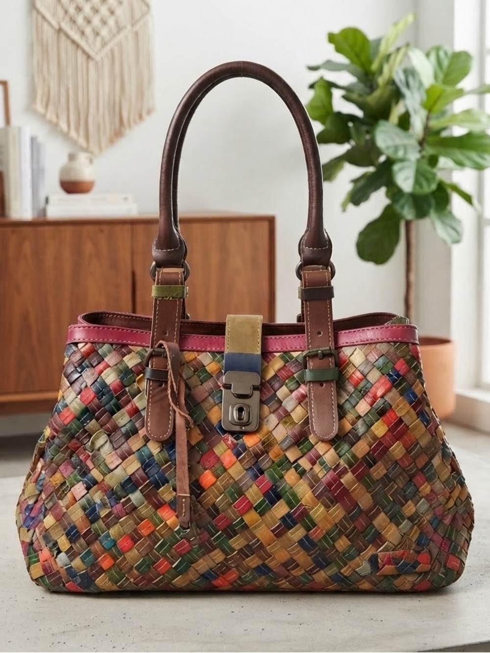Multi-color Leather Hand-woven Handbag Shoulder Purse Bags Unbranded
